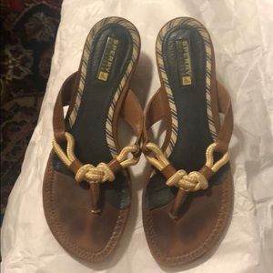 Sperry Brown Leather Rope Flip flop wedge sandals